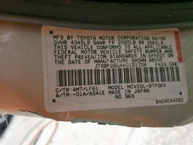 JT8BF28G4W0121724 - 1998 LEXUS ES 300 GRAY photo 10