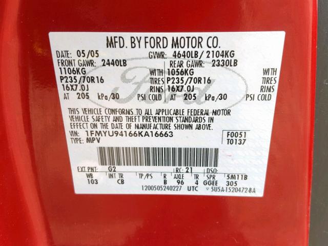 1FMYU94166KA16663 - 2006 FORD ESCAPE LIM RED photo 10