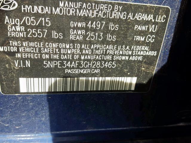 5NPE34AF3GH283465 - 2016 HYUNDAI SONATA SPO BLUE photo 10