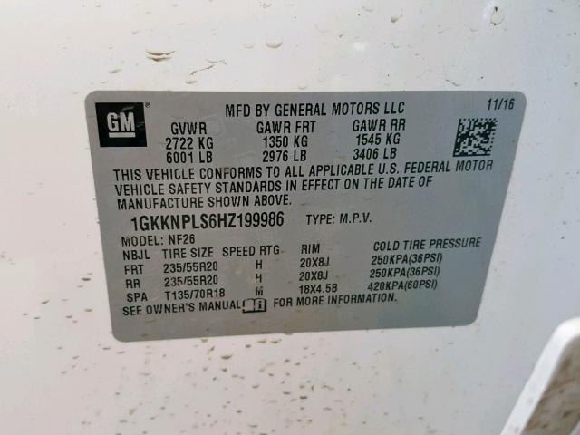 1GKKNPLS6HZ199986 - 2017 GMC ACADIA DEN WHITE photo 10