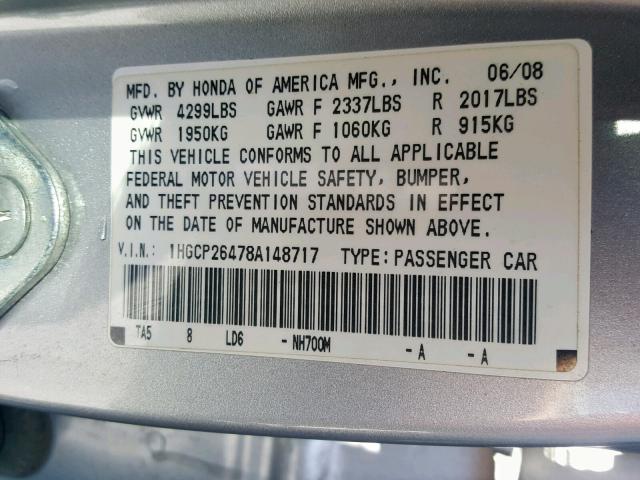 1HGCP26478A148717 - 2008 HONDA ACCORD LXP SILVER photo 10