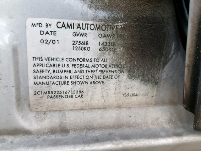 2C1MR522516713386 - 2001 CHEVROLET METRO LSI SILVER photo 10