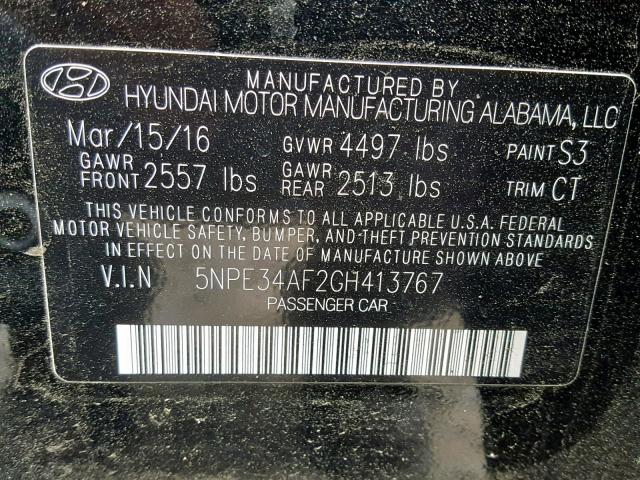 5NPE34AF2GH413767 - 2016 HYUNDAI SONATA SPO BLACK photo 10