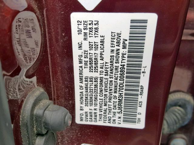 5J6RM3H70DL006894 - 2013 HONDA CR-V EXL BURGUNDY photo 10