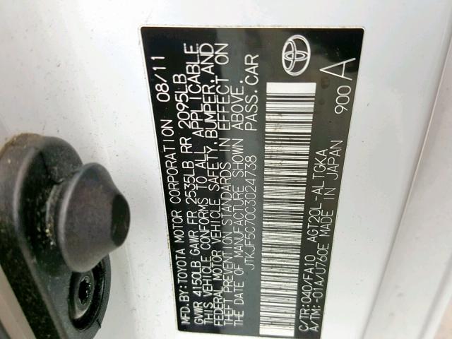 JTKJF5C70C3024738 - 2012 TOYOTA SCION TC თეთრი ფოტო 10