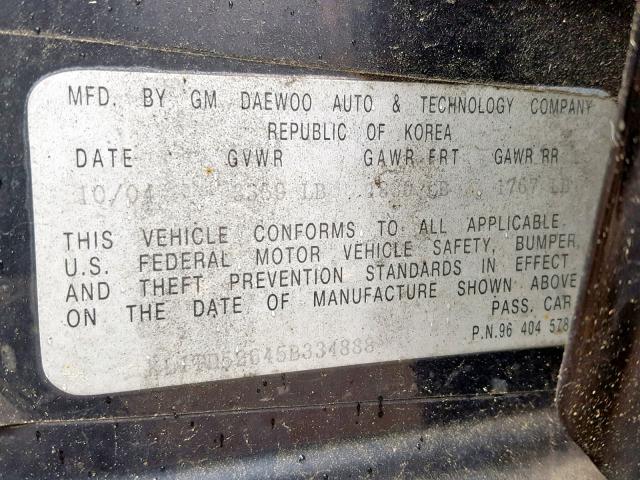 KL1TD52645B334888 - 2005 CHEVROLET AVEO BASE ნაცრისფერი ფოტო 10