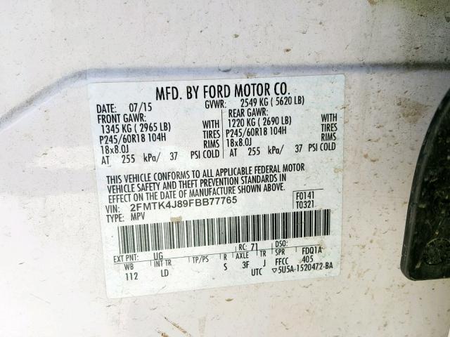 2FMTK4J89FBB77765 - 2015 FORD EDGE SEL WHITE photo 10