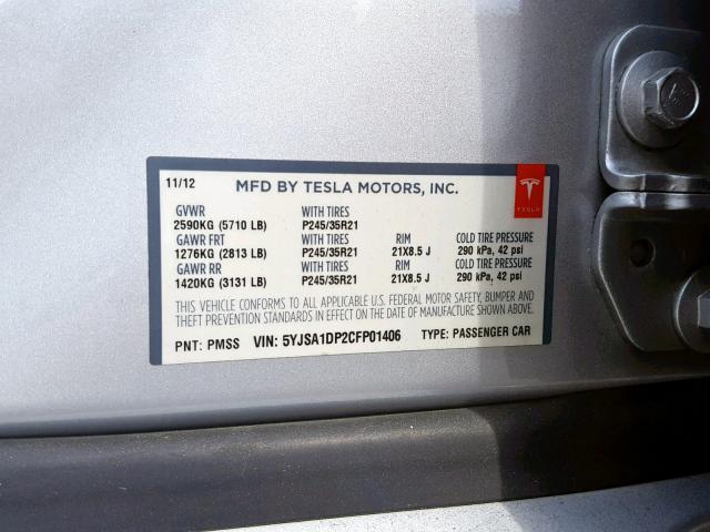 5YJSA1DP2CFP01406 - 2012 TESLA MODEL S فضي صورة 10