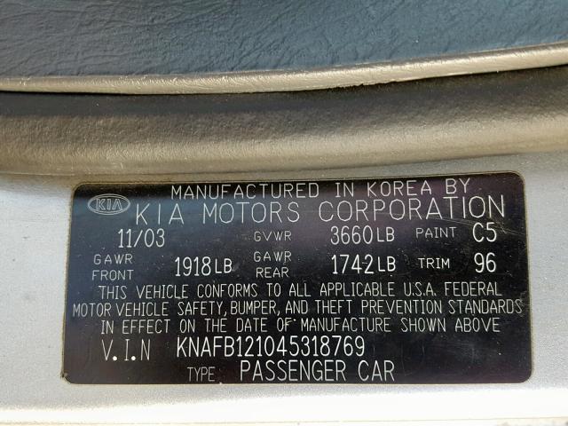 KNAFB121045318769 - 2004 KIA SPECTRA BA SILVER photo 10