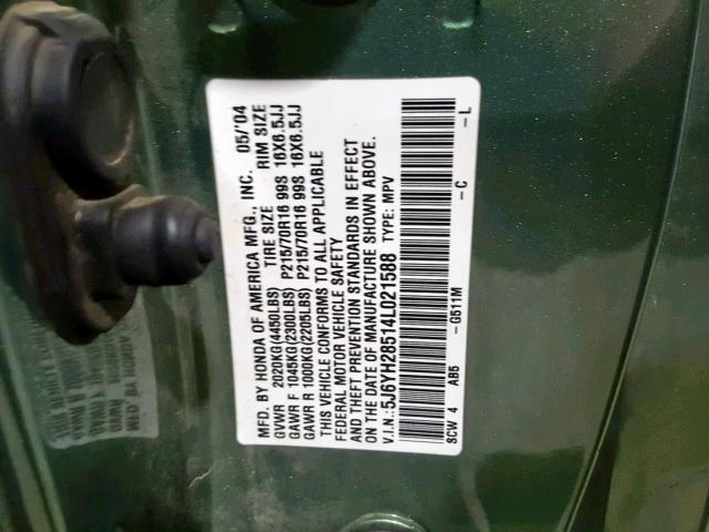 5J6YH28514L021588 - 2004 HONDA ELEMENT EX GREEN photo 10