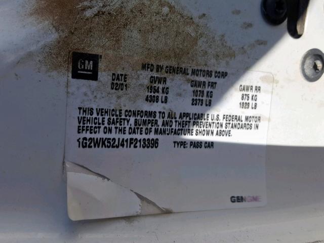 1G2WK52J41F213396 - 2001 PONTIAC GRAND PRIX WHITE photo 10