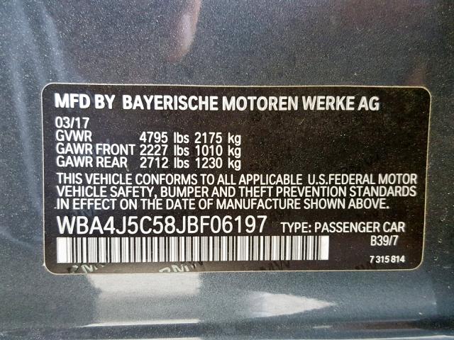 WBA4J5C58JBF06197 - 2018 BMW 440I GRAN GRAY photo 10