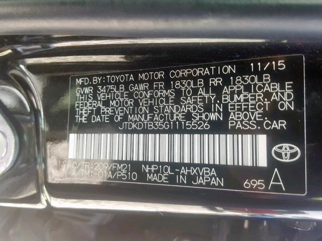 JTDKDTB35G1115526 - 2016 TOYOTA PRIUS C BLACK photo 10