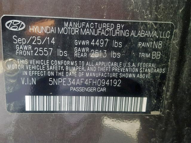 5NPE34AF4FH094192 - 2015 HYUNDAI SONATA SPO BROWN photo 10