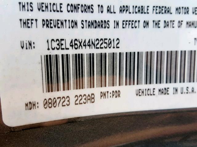 1C3EL46X44N225012 - 2004 CHRYSLER SEBRING LX GRAY photo 10