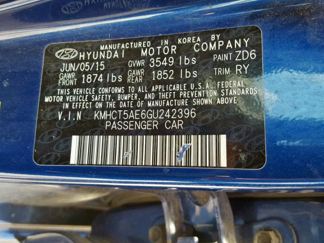 KMHCT5AE6GU242396 - 2016 HYUNDAI ACCENT SE BLUE photo 10