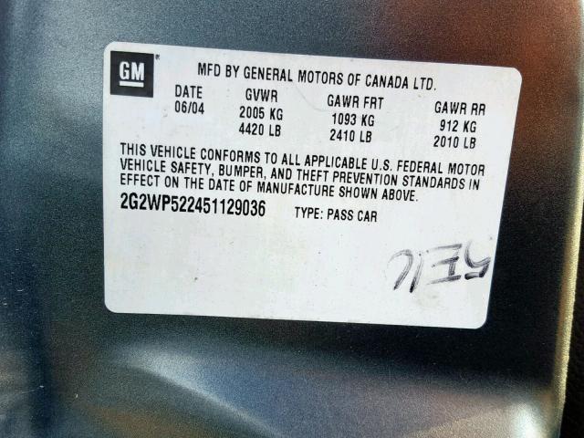 2G2WP522451129036 - 2005 PONTIAC GRAND PRIX GREEN photo 10