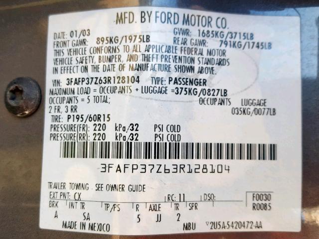 3FAFP37Z63R128104 - 2003 FORD FOCUS ZX5 GRAY photo 10