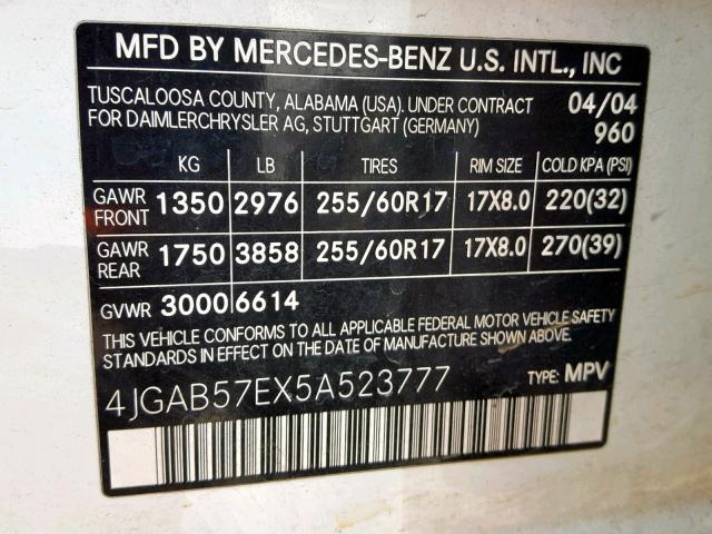 4JGAB57EX5A523777 - 2005 MERCEDES-BENZ ML 350 WHITE photo 10