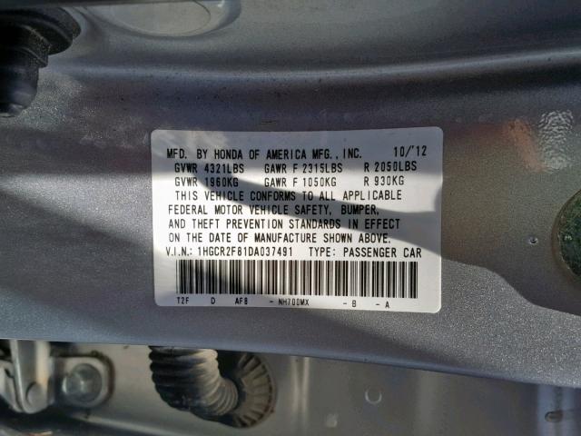 1HGCR2F81DA037491 - 2013 HONDA ACCORD EXL SILVER photo 10