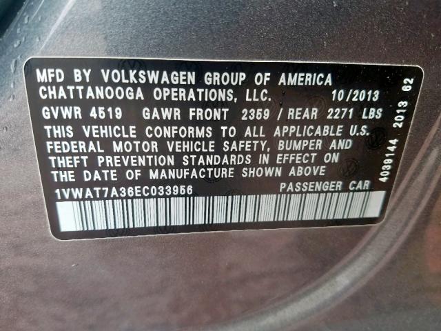 1VWAT7A36EC033956 - 2014 VOLKSWAGEN PASSAT S GRAY photo 10