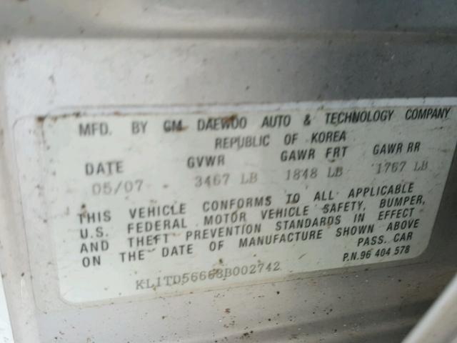 KL1TD56668B002742 - 2008 CHEVROLET AVEO BASE Күміс фото 10