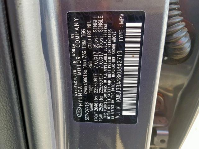 KM8J33A48KU842719 - 2019 HYUNDAI TUCSON LIM GRAY photo 10