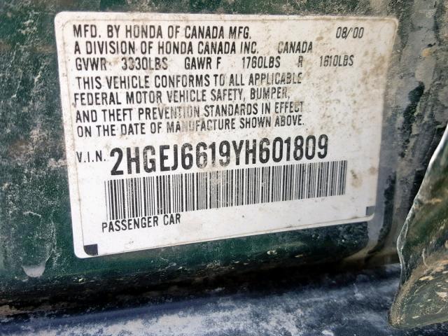 2HGEJ6619YH601809 - 2000 HONDA CIVIC BASE GREEN photo 10