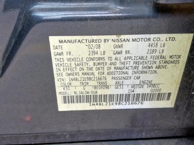 1N4BL21E98C216676 - 2008 NISSAN ALTIMA 3.5 GRAY photo 10