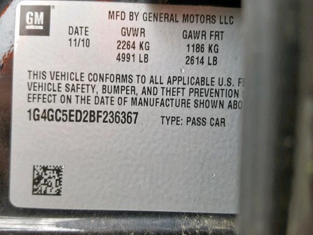 1G4GC5ED2BF236367 - 2011 BUICK LACROSSE C BLACK photo 10