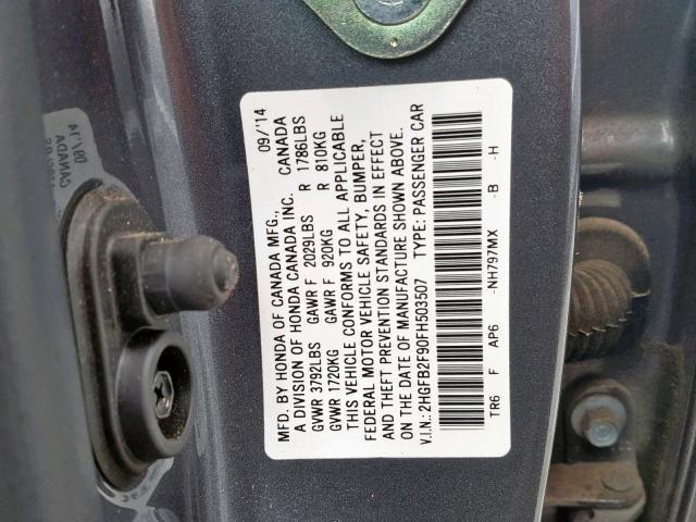 2HGFB2F90FH503507 - 2015 HONDA CIVIC EXL GRAY photo 10