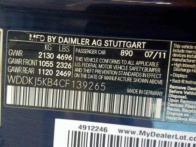 WDDKJ5KB4CF139265 - 2012 MERCEDES-BENZ E 350 BLUE photo 10