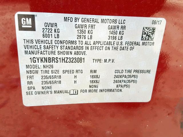 1GYKNBRS1HZ323081 - 2017 CADILLAC XT5 LUXURY RED photo 10