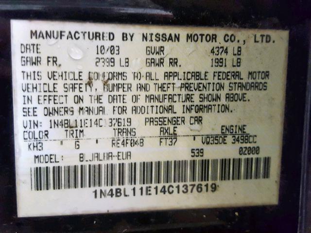 1N4BL11E14C137619 - 2004 NISSAN ALTIMA SE BLACK photo 10