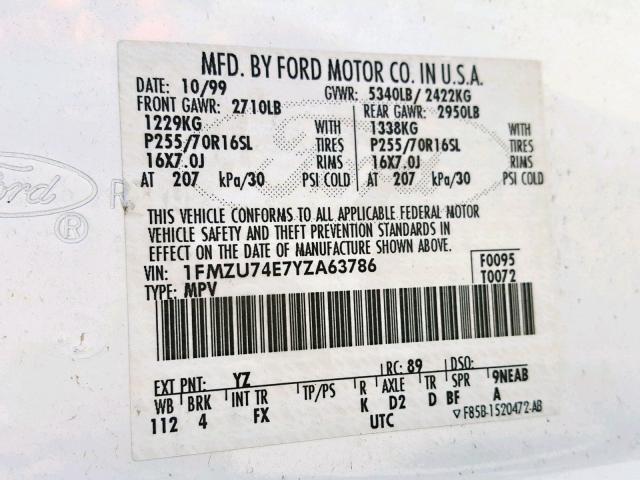 1FMZU74E7YZA63786 - 2000 FORD EXPLORER E WHITE photo 10