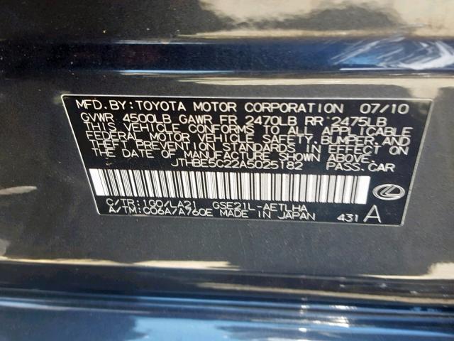 JTHBE5C22A5025182 - 2010 LEXUS IS 350 GRAY photo 10