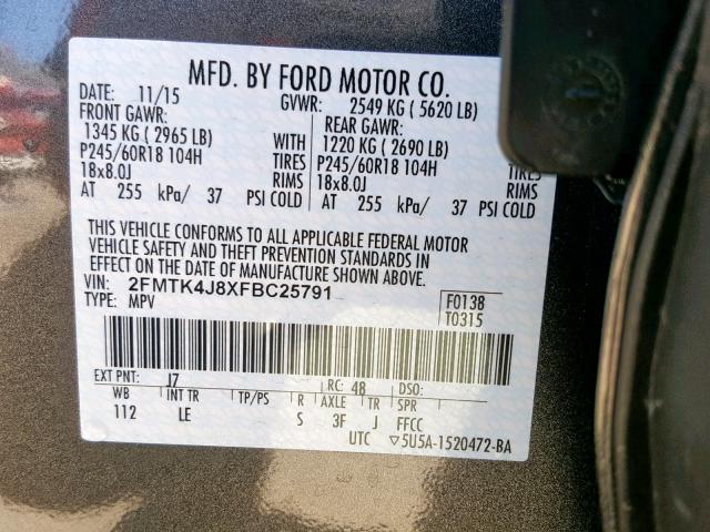 2FMTK4J8XFBC25791 - 2015 FORD EDGE SEL GRAY photo 10