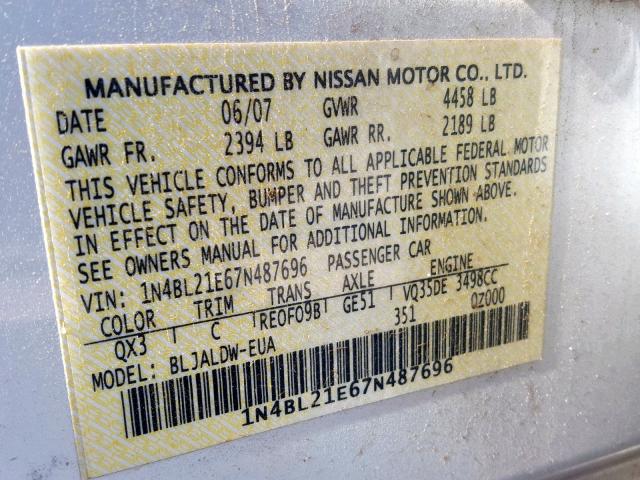 1N4BL21E67N487696 - 2007 NISSAN ALTIMA 3.5 WHITE photo 10