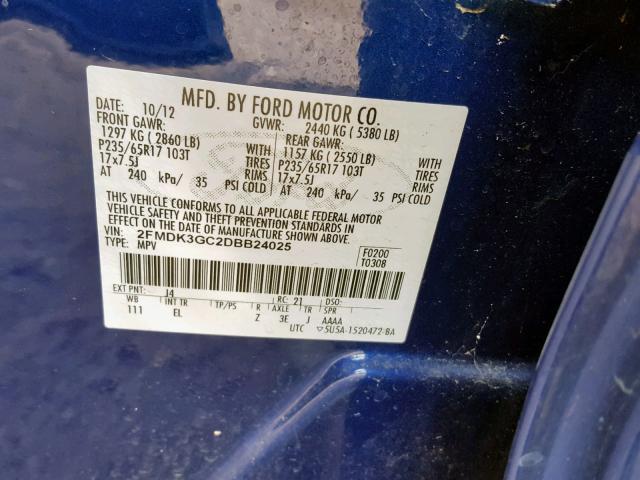 2FMDK3GC2DBB24025 - 2013 FORD EDGE SE BLUE photo 10