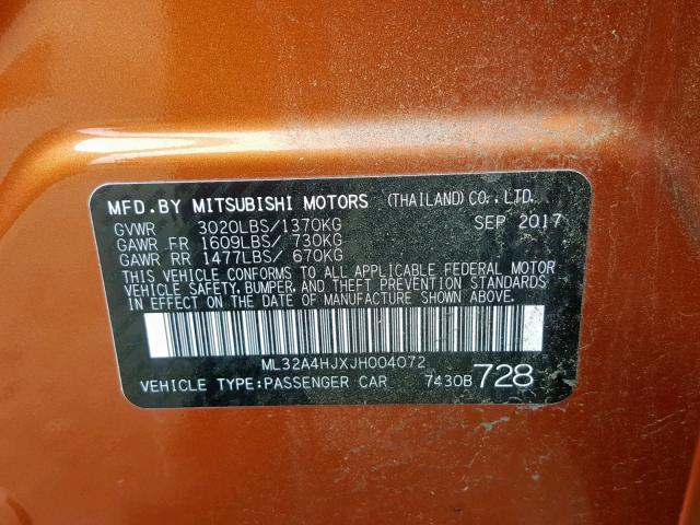 ML32A4HJXJH004072 - 2018 MITSUBISHI MIRAGE SE ORANGE photo 10