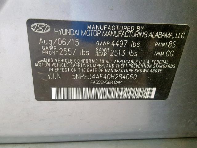 5NPE34AF4GH284060 - 2016 HYUNDAI SONATA SPO SILVER photo 10