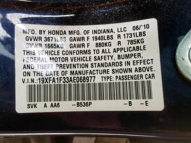 19XFA1F33AE068977 - 2010 HONDA CIVIC VP BLUE photo 10