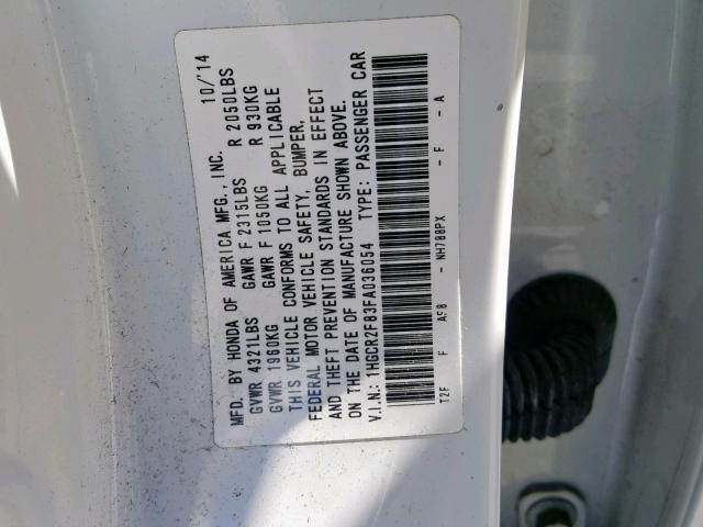 1HGCR2F83FA036054 - 2015 HONDA ACCORD EXL WHITE photo 10