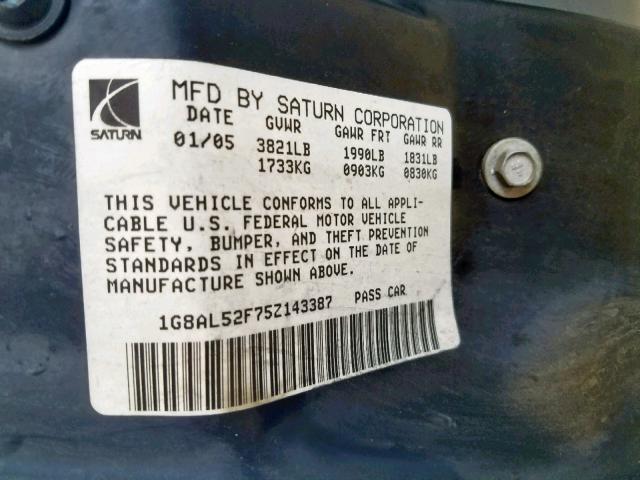 1G8AL52F75Z143387 - 2005 SATURN ION LEVEL BLUE photo 10
