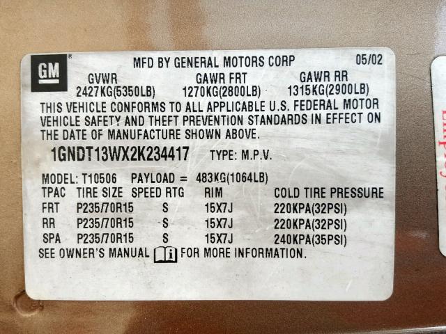 1GNDT13WX2K234417 - 2002 CHEVROLET BLAZER GOLD photo 10