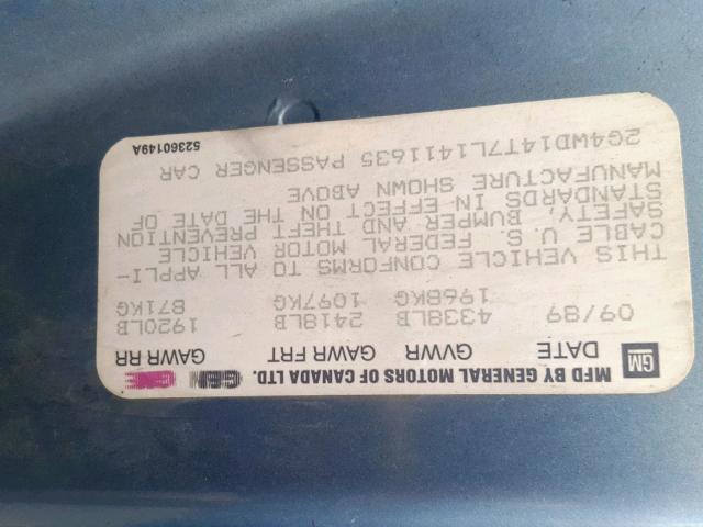 2G4WD14T7L1411635 - 1990 BUICK REGAL LIMI BLUE photo 10