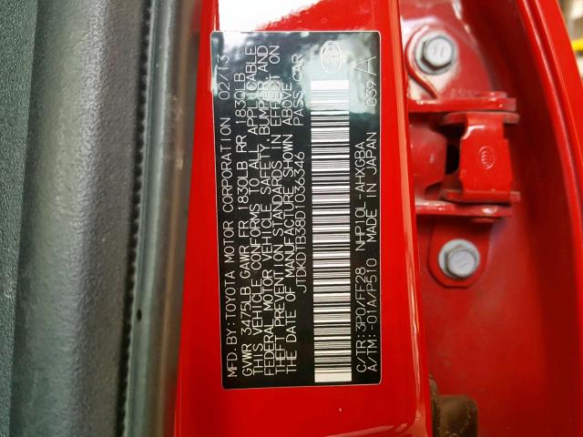 JTDKDTB38D1036346 - 2013 TOYOTA PRIUS C RED photo 10