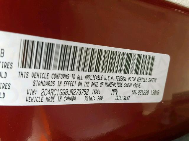 2C4RC1GG8JR273752 - 2018 CHRYSLER PACIFICA L BURGUNDY photo 10