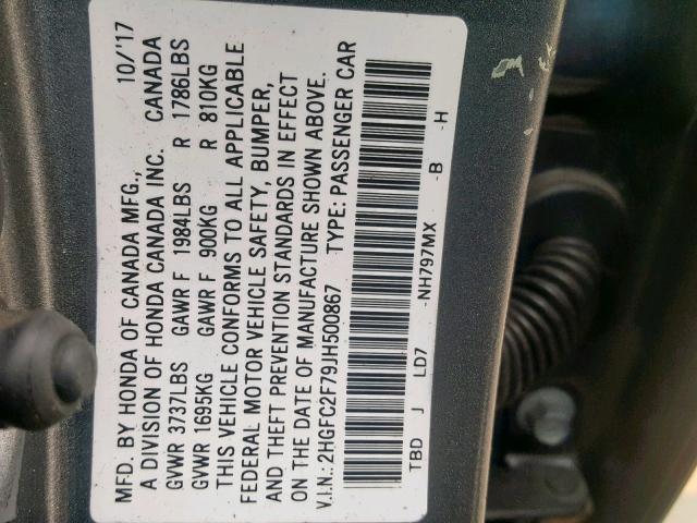 2HGFC2F79JH500867 - 2018 HONDA CIVIC EX 灰色 照片 10