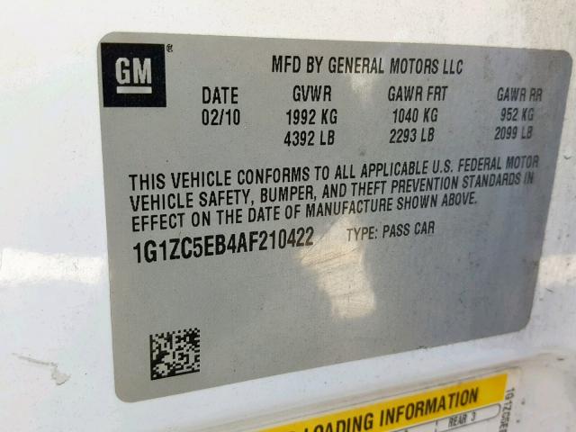 1G1ZC5EB4AF210422 - 2010 CHEVROLET MALIBU 1LT 白色 照片 10